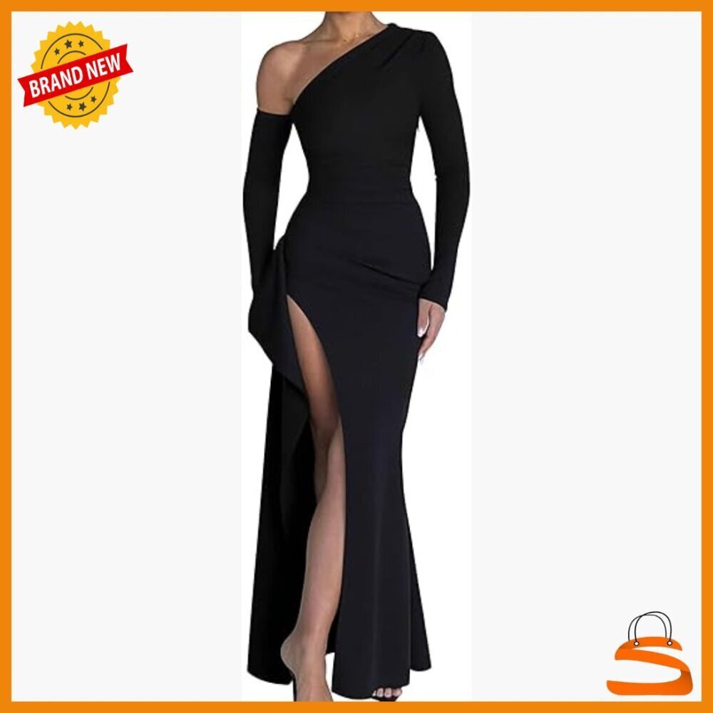One Shoulder Long Sleeve High Slit Maxi Dress for Wedding Guest Party